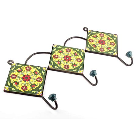 Forest Green And Yellow Round Ceramic Flower Tiles Hooks